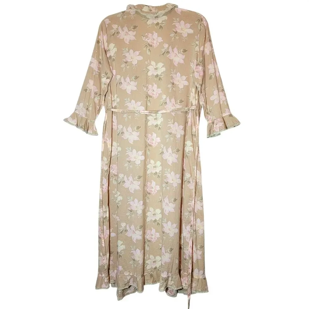Fleurette Floral Cotton Kimono Robe Ruffle Tie Waist Maxi Beige Pink Romantic S - Picture 9 of 13